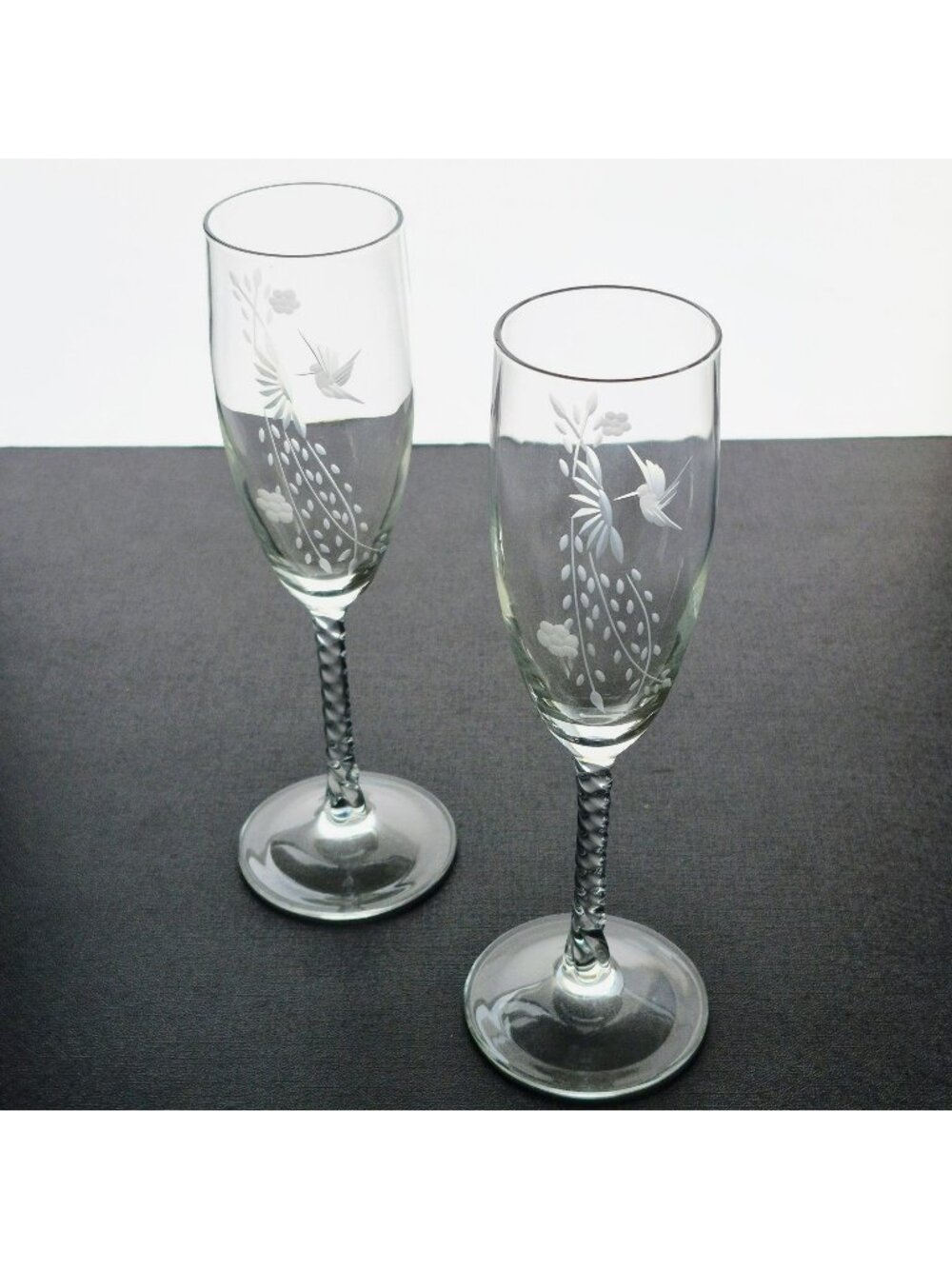 Vintage Hummingbird Fluted Champagne Set, Etched Hummingbird & Floral Design